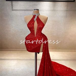 Red Shine Sequin Prom Dress With Train O Neck Sparkly Mini Short Evening Dresses 2024 Beaded Glitter Cocktail Graduation Party Vestios De Gala Formal Birthday Dress