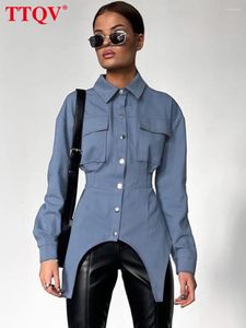 Women's Blouses BlousesQV Fashion Blue Pockets Shirt 2024 Elegant Long Sleeve Single Breasted Casual Solid Slim Shirts Female Clothes