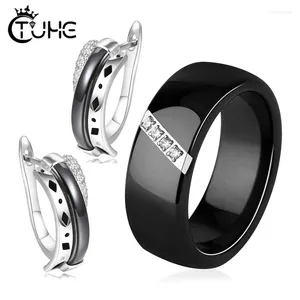 Colar brincos conjunto 8mm largura anéis de cerâmica jóias para mulheres brilhante zircônia cúbica anel de casamento banda moda