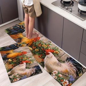 Teppiche 1 Stück Hühner Blumen Bodenmatte Moderner Küchenteppich Rutschfester bunter Innenteppich für Zuhause Badezimmer Schlafzimmer Wohnzimmer Dekor