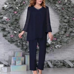 Pantaloni a due pezzi da donna Abito da lavoro da donna con scollo a V Orlo irregolare Top Gamba larga Set con decorazioni in strass Autunno Primavera Taglie forti Solido