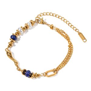 European and American Internet Celebrity 18K Stainless Steel Inlaid Pearl with Lapis Lazuli Water Drop Bracelet Ornament Wholesale