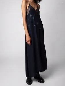 Sukienki swobodne gwiazda dhinestone Sling sukienka Kobiety koronkowe szwy 2024 letni rękawów seksowne nieregularne szaty midi dla kobiet