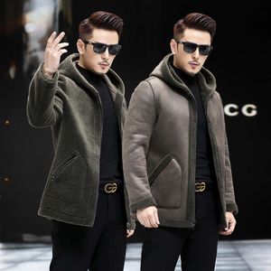 Sheep Cut Plush Mens Medium Length Leather Jacket Fur Plus Size Integrated Hooded Double Designer Sided Lamb Wool Z11V
