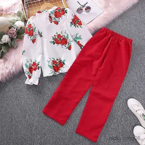 Girl's Dresses Kids Casual Clothing Set Outfits For Girls 2023 Spring Autumn New Fashion Children Red Rose Floral Print Tops Long Pant 7-14Y