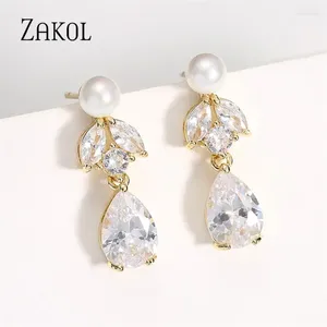 Dangle Earrings ZAKOL Trendy Water Drop Zircon Women's Elegant White Imitation Pearls Bridal Earring Wedding Engagement Jewelry