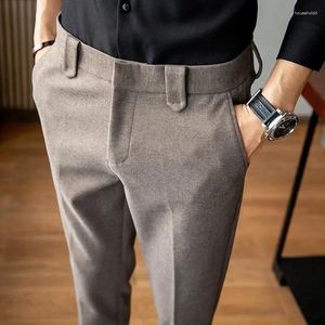 Ternos masculinos outono inverno 2024 negócios casual terno calças masculinas cor sólida calças retas bolsos de lã quente h557