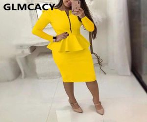 Women039s Tracksuits Women Two Piece OL Dress Suits Long Sleeve Peplum Top Midi Skirt Set1950068