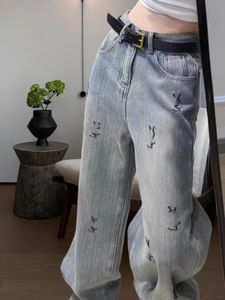 Kvinnors höga midja lösa palazzo logotypbrev broderi jeans byxor långa byxor smlxlxxl3xl4xl