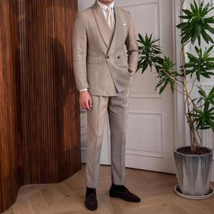 Men's Suits 2024 Men Suit Summer Khaki Shawl Lapel Linen Male Party Evening Dinner Formal Fashion Gentleman 2 Piece Blazer Pants