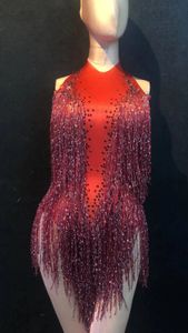 Kobiety czerwone frędzle seksowne błyszczącego rhinestone bodysuit imprezowy bar stał