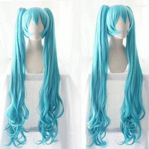 Articoli per feste Parrucca cosplay lunga coda di cavallo riccia da 120 cm Copricapo blu Capelli resistenti al calore Natale Donne adulte Mikuu