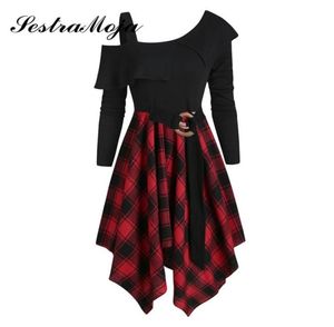 Sestra Moja fashion Women Plaid Dress Skew Neck Flounce Asymmetrical Dress Cocktail Party Prom High Waist Aline Gothic Dresses5813311