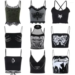 Damen-Tanks, sexy Y2k-Gothic-Punk-Schädel, Spaghettiträger, figurbetont, rückenfrei, ärmellos, 2000er-Jahre, E-Girls, ästhetisches schwarzes Crop-Top, Leibchen-Tanktop