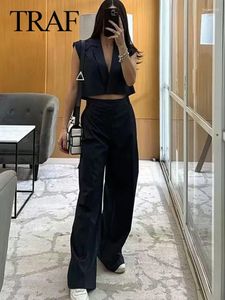 Kvinnors tvåbitar byxor Traf Black Pinstripe Suit Women Väst kort stil ärmlös topp blixtlås med hög midjepaket elegant randig lös