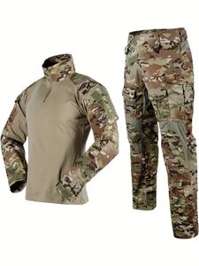 Conjunto de roupa tática masculina com padrão de camuflagem de 2 peças, gola masculina de manga comprida com zíper camisa esportiva conjunto de calças de combate com vários bolsos