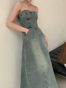 Abiti casual Vintage elegante abito longuette da festa donna stile coreano denim senza spalline temperamento a-line sexy streetwear designer 2024