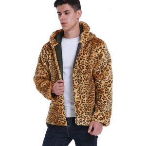 Autumn and Winter Leopard Pattern Mens Hooded Coat Fashion Faux Fur Long Sleeve Plush Thickened Warm Wool Sweater UE9Q