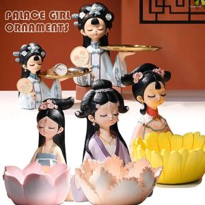 Decorative Figurines Palace Antique Chinoiserie Girl Tray Ornaments Creative Statue Resin Figurine Home Office Bar Store Decoration Crafts