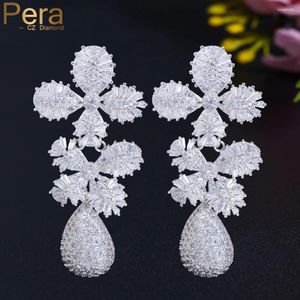 Dangle Earrings Pera Brand Long Waterdrop White CZ Crystal Silver Color Flower Drop For Women Luxury Wedding Party Jewelry E676