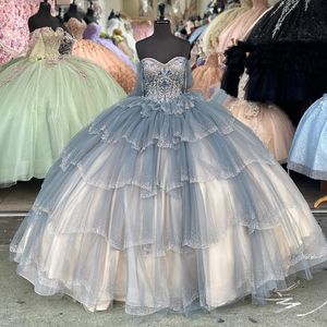 Seksi Kapalı Omuz Prenses Tatlı 16 Kızlar Balo Elbise Boncuklar Kristal Dantel Yukarı Kabarık Etek Vestido De 15 Quinceanera Kadın Parti Giyim