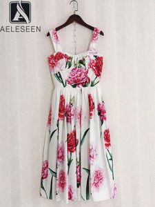 Casual klänningar aeleseen bomullskvinnor siciliansk klänning vår sommar spaghetti rem peony blommor tryck elegant smal kamisol poplin