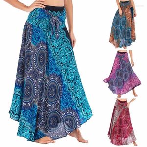 Kjolar etnisk stil mode kvinnliga kläder roupas saia botten kjol kvinna long jupe bohemian boho blommor elastisk midja faldas