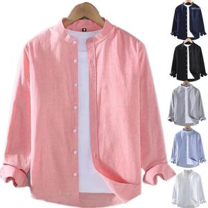 Camisas casuais masculinas 2024 camisa de linho gola manga longa henry branco preto macio confortável simples primavera verão cor sólida