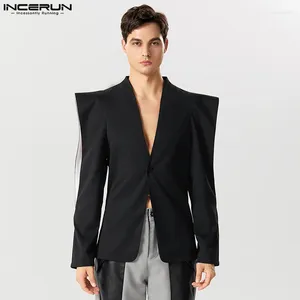 メンズスーツのインカルンメンブレザーソリッドラペルロングスリーブホロー1つのボタンファッション不規則なストリートウェア2024薄いコートS-5XL
