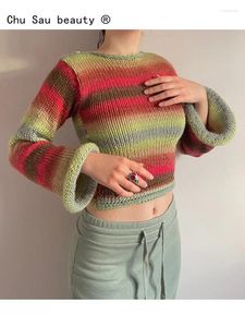 Swetry kobiet 2024 Zima zimowa zima Casual Knitted Pullower Y2K Striped O-Neck Loose Rainbow Short Sweter Damskie Top