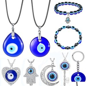 Naszyjniki wiszącego Zła oko Naszyjnik dla kobiet Keyring Turkish Blue Bead Bransoleta ręcznie robione okulary Uroki Bracelarie greckie mati hamsa na dhzbq