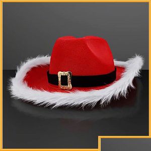 Party Hatts Christmas Cowboy Feather Hat Artificial Fur Edge Non Glowing Red Santa Claus Western Carnival Drop Delivery Home Garden F DHCZI