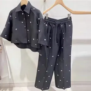 Women's T Shirts Ladies Turn-Down Collar Blouse Elastic Waist Drawstring Casual Trouser Suits 2024 Diamond Beaded Shirt Or Pants Set