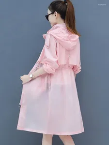 Kadın Trençkotları Yaz Üst Nefes Üstü İnce Güneş Koruma Giyim Moda Dikiş Kapşonlu Uzun Rüzgar Dergisi Gevşek Ceket 2024