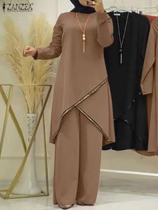 Ethnic Clothing Autumn Muslim Sets Long Sleeve O-Neck Turkish Blouse Wide Leg Pant Suit ZANZEA Casual Solid Women Matching Set Ladies