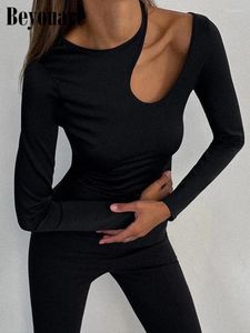 女性のTシャツBeyouare Hollow Out Out Leng Sleeve Shirt Sexy Round Neck Skinny Tops Ribbing Solid Elegant Basic Teesカジュアル秋2024