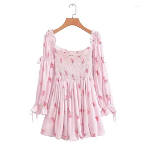 Abiti casual YENKYE Dolce rosa stampa floreale Abito sexy in raso con spalle scoperte Abito da donna a maniche lunghe per feste Mini principessa Abito da fata