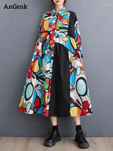 Casual Dresses 2024 Spring Autumn Patchwork Vintage Print Shirt For Women Long Sleeve Loose Dress Fashion Elegant Clothing