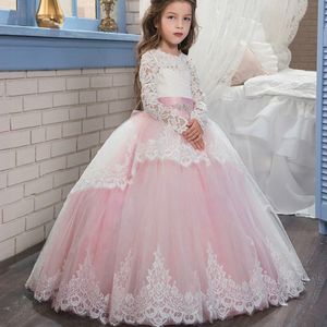 Flower Girl Dresses For Wedding Floral Girls Dress Long Sleeves Kids Embroidery Lace Birthday Party Gowns Pärled Toddler Pageant Wears 403