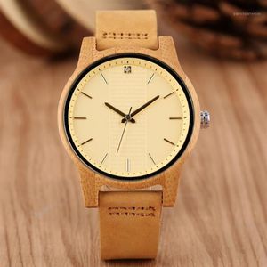 montres pour femmes Wood Watch Women Quartz Timepiece Simple Yellow Dial Genuine Leather Ladies Wristwatch Elegant Casual Watch1235f