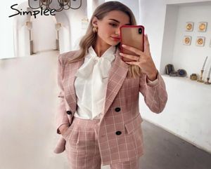 Simplee Fashion Plaid Women Blazer Suits Long Sleeve Double Breched Blazer Pants Set Pink Office Ladies Twopiece Blazer Sets 2006355889