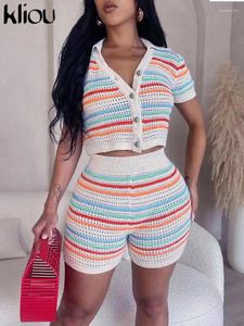 Women's Tracksuits Kliou Horizontal Stripe Knitted Two Pieces Set Women Casual Turndown Collar Botton T-shirt High Waist Short Lady Skinny