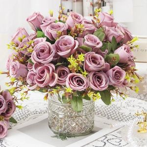 Decorative Flowers Artificial Roses Bundle Silk Fake Green Plant Floral Restaurant Decoration Simulation Flower Retro Honey Purple Rose