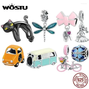 Loose Gemstones WOSTU Authentic Original 925 Sterling Silver Black Cat Dragonfly Car Key Charm Beads For Women Bracelet & Bangle Jewelry