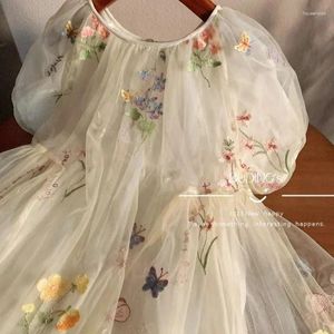 Vestidos de menina crianças roupas meninas vestido doce 2024 verão moda bolha mangas fada flor bordado malha gaze princesa