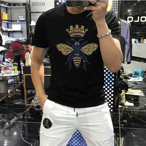 メンズTシャツ026 Borunke New Brand Luxury Design Rhinestone Tops Tee Pure Cotton Hot Sale Mens Short-SleeveTシャツT240202