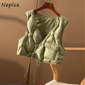 Neploe Cropped Womens Waistcoat Fashion Drawstring Solid Color Cotton Waistcoats Sleeveless Outerwear Winter Vest Jacket Female 240123