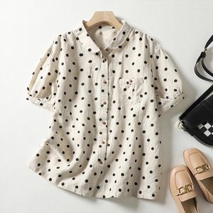 Women's Blouses Cotton Linen Polka Dot Short-sleeved Shirt Female 2024 Summer Korean Version Of The Retro Lapel Loose Casual Temperament Blo