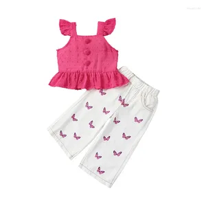 Комплекты одежды Pudcoco, комплект из 2 предметов для маленьких девочек, топы на пуговицах с летающими рукавами и белые штаны-бабочки, летняя одежда, От 1 до 6 лет