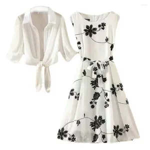 Work Dresses 2 Pcs Set Women Dress Suit Flower Print Sleeveless A-line Loose Hem Long Sleeve Lapel See-through Cardigan Coat Set